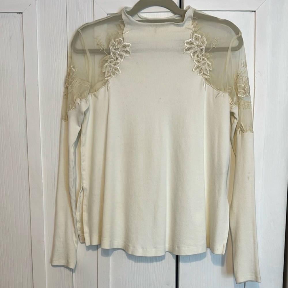 Free People Cream Lace Yoke Long Sleeve Top